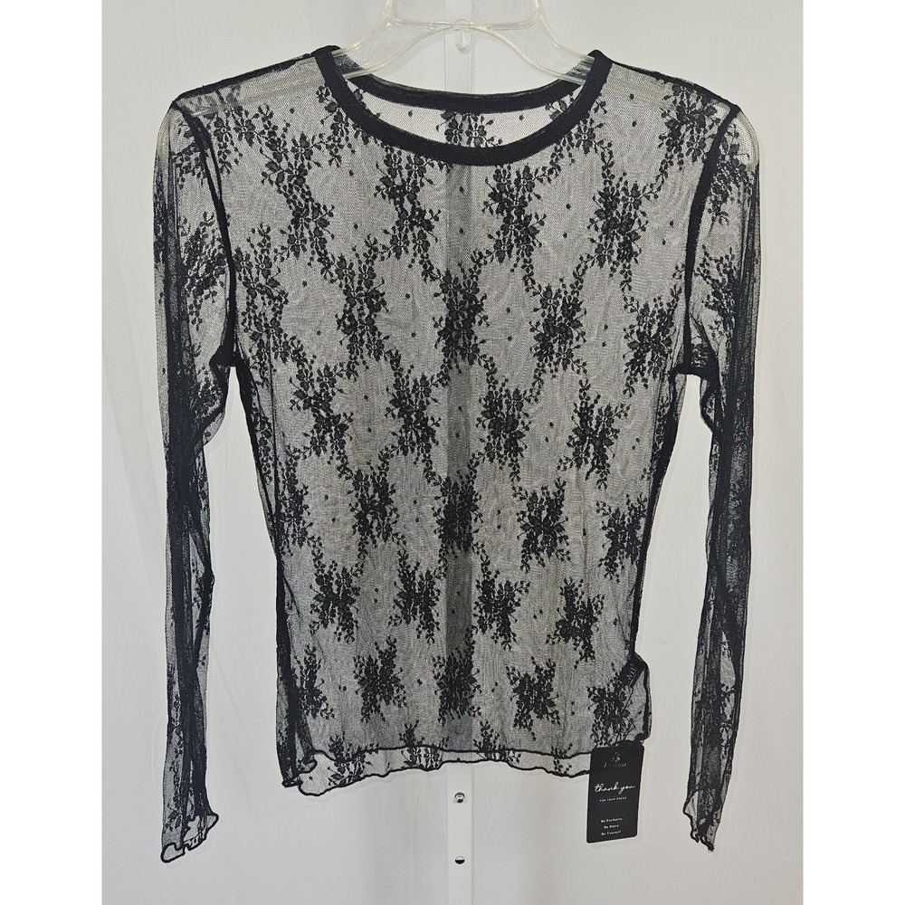 AKEWEI Black Floral Lace Mesh Sheer Long Sleeve Gothic Romantic Layering Top M